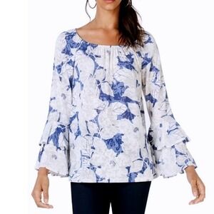I.N.C International Concepts Women's Tiered Floral Peasant Blouse Blue Size L